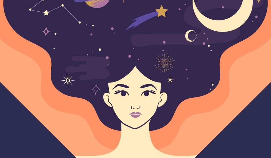 Illustration of a woman with the moon and stars in her hair.