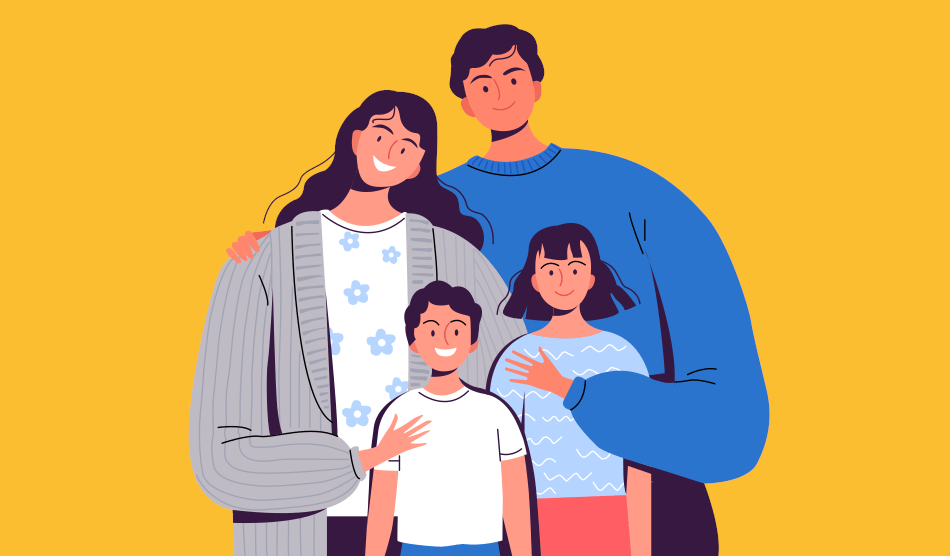 A family - a man, a woman, a girl and a boy - standing close together, smiling.